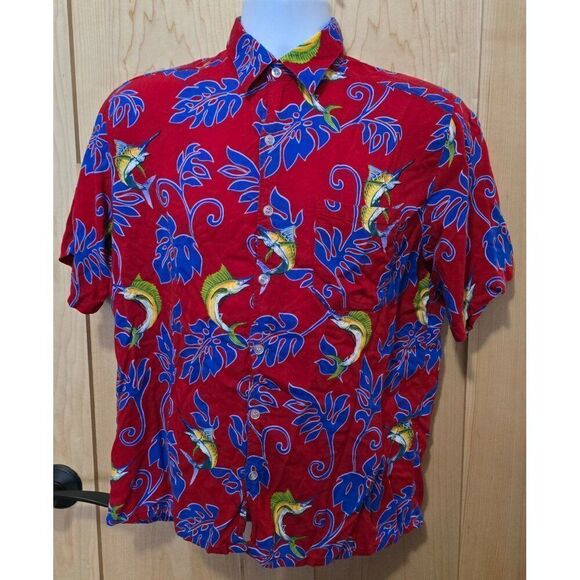 Vintage Hawaiian Fish Print Button-Up Shirt Short Sleeve Red - Picture 3 of 3